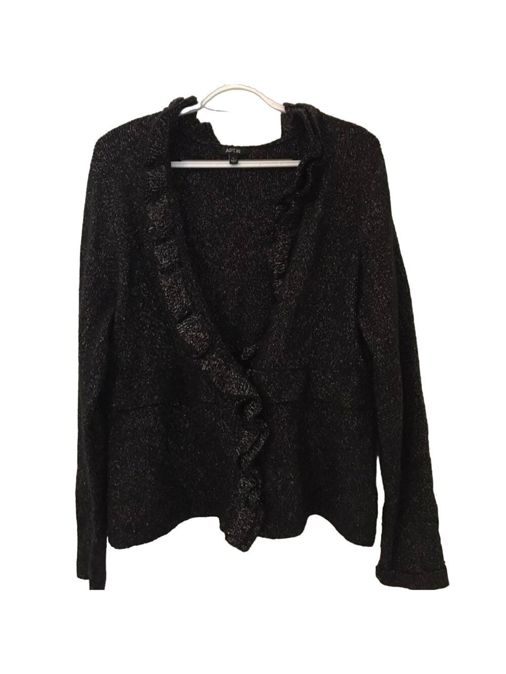 Apt. 9 Size 9 Dressy Black & Gold V Neck Ruffled Collar/Lapel Sweater Jacket